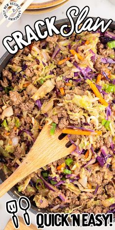 a skillet filled with meat and vegetables on top of a table