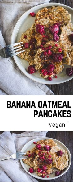 banana oatmeal pancakes with raspberries are served on a white plate