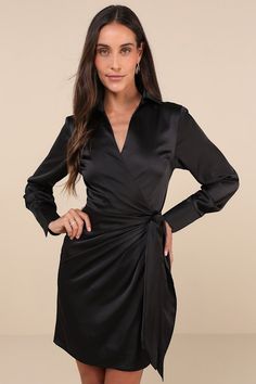 You'll be ready for the art gallery when you slip into a stunning look like the Lulus Painterly Perfection Black Satin Wrap Mini Dress! Sleek woven satin shapes this stunning dress that has long sleeves with button cuffs and a collared neckline. Wrap-style bodice secures at the waist with an internal tie and an external sash tie, atop a flaring skirt with a mini hem. Fit: This garment fits true to size. Length: Mid-thigh. Size medium measures 36.25" from shoulder to hem. Bust: Great for any cup size. Waist: Fitted - very fitted at natural waist. Hip: Not Fitted - room for hips. Undergarments: May be worn with any standard bra. Fabric: Fabric has no stretch. Lined. Shell: 95% Polyester, 5% Spandex. Lining: 100% Polyester. Hand Wash Cold With Like Colors Separately. Do Not Bleach. Line Dry. Black Satin Wrap Dress, Mini Dress Satin, Satin Wrap Dress, Wrap Mini Dress, Mini Wrap, Lulus Dresses, Dress With Long Sleeves, Dress Satin, Mini Wrap Dress