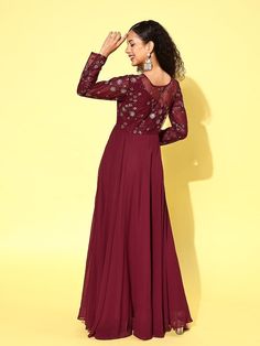 Maroon floral embroidered fit and flare Ethnic DressRound neckLong, regular sleevesSequined detailMaxi length in flared hemGeorgette fabric Ethnic Dress, Anarkali Suit, Georgette Fabric, Festival Wear, Fit & Flare, Shapewear, Fit And Flare, Lehenga, Dresses For Sale