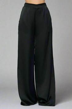 Black Satin Wide Leg Trousers - Premium variable from Tooksie - Just $101.99! Shop now at Tooksie Sleek Silk Wide Leg Pants, High-waisted Satin Pants For Work, Silk Wide Leg Pants For Work, Satin Pants For Workwear, Sleek Wide-leg Silk Pants, Sleek Silk Wide-leg Pants, Sleek Satin Bottoms For Workwear, Sleek Satin Pants For Work, Sleek Satin Pants