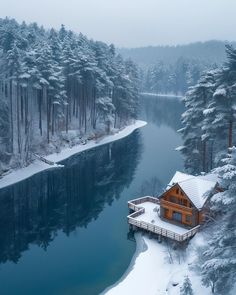 an aerial view of a cabin in the middle of a lake surrounded by snow covered trees