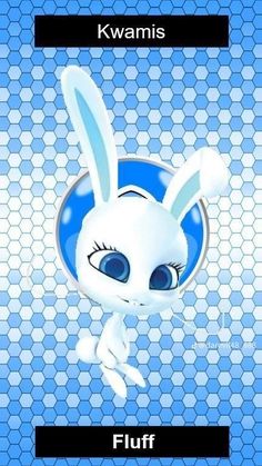 an animated character with blue eyes and white ears, standing in front of a blue background