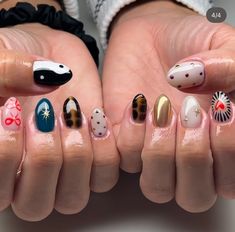 Edgy Valentines Nails Short, Mismatched Nail Designs, Mix And Match Nails Design, Weird Nails Design, Ufo Nails, Eccentric Nails, Kitsch Nails, Mismatched Nail Art, Quirky Nails