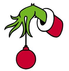 the grin face hanging from a christmas ornament with red balls and green hands