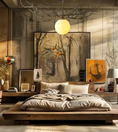 a large bed sitting in a bedroom next to two lamps and paintings on the wall