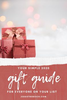 two wrapped presents sitting on top of each other with the words your simple gift guide for everyone on your list