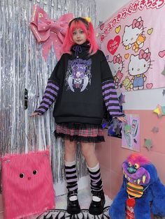 Cartoon Girl Print Striped Pattern Sleeves Black Hoodie Harajuku Style Fall School Tops, Harajuku Style Winter Sweatshirt For School, Black Long Sleeve Sweatshirt For School, Winter School Hoodie Top, Cute Purple Winter Top, Taobao Brands, Cartoon Girl, Number Two, Girls Prints