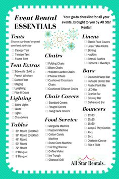 an event rental checklist with the text,'rent rental essentials'in green and