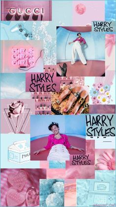 a collage of photos with pink, blue and white colors in the center is an image of harry styles