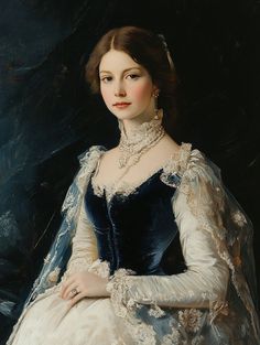 a painting of a woman in a blue dress and white shawl with pearls on her neck