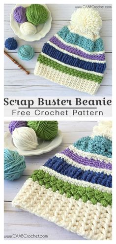 crocheted beanie hat with yarn balls on the side and text that reads, scrap busterer beanie free crochet pattern