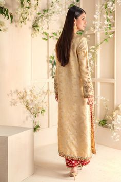 Zargul | Pakistani Designer Outfit | Sarosh Salman Festive Kurta With Resham Embroidery On Tissue Silk, Embroidered Tissue Silk Kurta For Reception, Traditional Long Sleeve Tissue Silk Kurta, Embroidered Tissue Silk Kurta For Eid, Unstitched Cotton Silk Fabric For Reception, Unstitched Cotton Silk Embroidered Fabric For Reception, Embroidered Tissue Silk Churidar For Reception, Designer Churidar With Chikankari Embroidery In Tissue Silk, Designer Tissue Silk Churidar With Chikankari Embroidery