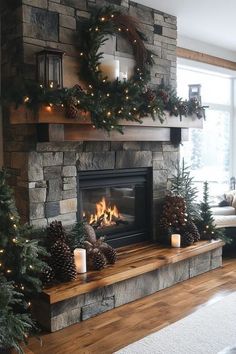 Christmas Fireplace Mantels Cozy, Candlestick On Mantle, Fireplace Country Farmhouse, Fire Insert Ideas, Rustic Fireplace Mantle Decor, Fireplace Dog Bed, Country Christmas Fireplace Decor, Home Decor Ideas Living Room Fireplace, Decorated Mantels For Christmas