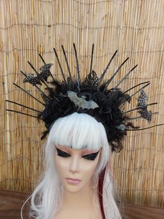 Beautiful lightweight gothic style crown  Spikes are plastic ( so not dangerous )  hand painted with glitter, bats are also glittery with matching roses and there are feathers at the back , it holds on a headband Halloween Crown Costume Hat For Fantasy Events, Gothic Costume Accessories For Carnival Fantasy Events, Black Fantasy Costume Accessories For Larp, Handmade Gothic Headpiece For Party, Handmade Black Gothic Costume Hats And Headpieces, Handmade Gothic Costume Hats And Headpieces For Parties, Handmade Gothic Costume Hats And Headpieces, Handmade Black Halloween Costume Hats And Headpieces, Gothic Black Costume Hats For Halloween