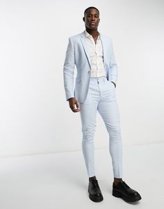 Suit pants by ASOS DESIGN Effort: made Regular rise Belt loops Functional pockets Super-skinny fit Blue Mens Suit, Colored Dress Pants, Blue Linen Pants, White Pants Casual, Prom Suits For Men, Prom Suits, Suit Shoes, Men’s Suits