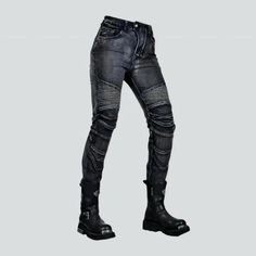 Introducing our mid-waist slim motorcycle jeans from the 2023 Autumn Collection, the perfect addition to your biker style wardrobe!Distinctive Features: Slim Fit: Patterned to hug your curves and provide a sleek, flattering silhouette, these jeans are a must-have for any fashion-forward biker. Stonewashed Finish: The unique stonewashed technique used on these jeans gives them a cool, edgy vibe, perfect for the biker aesthetic. Grey Color: The grey color of these jeans adds a modern touch, making them versatile enough to be worn with any outfit. Sanded Detailing: The sanded detailing on these jeans adds dimension and texture, giving them a worn-in and rugged look. Biker Style: These jeans are the epitome of biker style, with knee-pads and a slim cut that is both stylish and functional. Knee Aesthetic Grey, Motorcycle Jeans, Biker Aesthetic, Rugged Look, Autumn Collection, 2023 Autumn, Knee Pads, Biker Style, Jean Grey