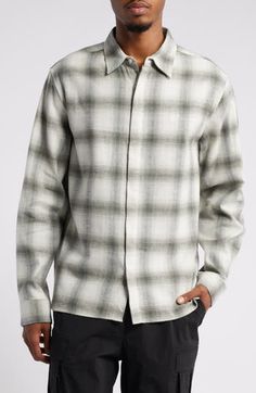 A softly brushed blend of cotton, linen and wool brings exceptional comfort to a shirt that's patterned in a gradient check and sized for layering in the cold. Hidden-button placket Spread collar Long sleeves with button cuffs 56% cotton, 30% linen, 14% wool Dry clean or hand wash, dry flat Imported Relaxed Fit Button-up Flannel Shirt, Relaxed Fit Button-up Flannel Shirt For Streetwear, Cotton Button-up Flannel Shirt For Daywear, Cotton Grid Pattern Button-up Shirt, Saturdays Nyc, Patchwork Cotton Flannel Button-up Shirt, Check Shirt, Fabric Gift Bags, Free Fabric