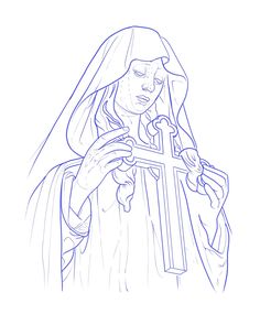 a drawing of a woman holding a cross