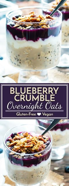 blueberry crumble overnight oatmeal with granola in a glass bowl