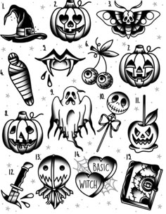 halloween themed tattoo designs on white paper