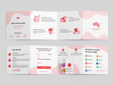 two fold brochures with different colors and shapes on the front, back and side