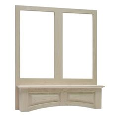 a white wooden window with two windows on the top and bottom side, in front of a white background