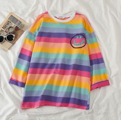 Cheap Multicolor Cartoon Print T-shirt, Muse Costume, Kawaii Tops, Korean Kawaii, Autumn Tops, Rainbow Vintage, Mha Dr, Patchwork Top, Rainbow Shirt