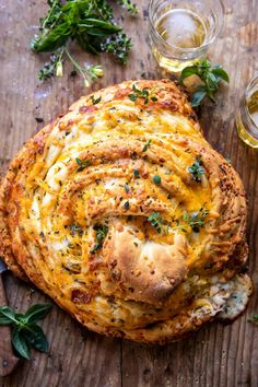 a bread with cheese and herbs on it