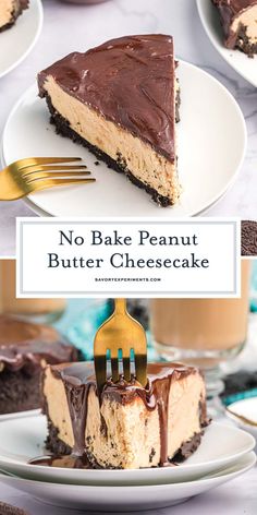 no bake peanut butter cheesecake on a white plate with a fork in it