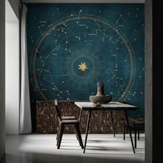 a dining room with a table and chairs in front of a large astro map on the wall