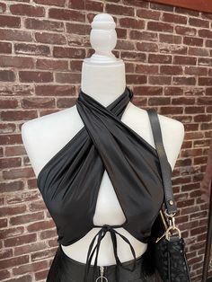 Adorable satin halter top with tie detail 92% Polyester, 8% Spandex Contrast Tie Halter Top, Halter Top Dress, Scarf Dress, Medium Brown, Top Dress, Halter Top, Dream Closet, Halter Dress, Top Shirt