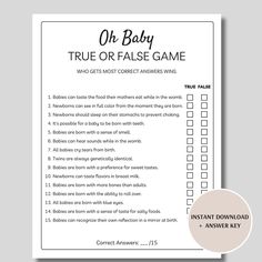 the oh baby true or false game is shown next to an image of it's contents