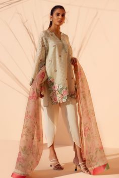 Kyra – Sania Maskatiya International Traditional Cotton Silk Salwar Kameez With Embroidered Sleeves, Spring Raw Silk Kurta With Floral Embroidery, Designer Chanderi Dupatta With Embroidered Sleeves, Spring Kurta With Floral Embroidery In Raw Silk, Spring Tissue Silk Kurta With Resham Embroidery, Festive Chanderi Dupatta With Embroidered Sleeves, Cream Cotton Silk Kurta With Sheer Dupatta, Designer Salwar Kameez With Embroidered Sleeves And Traditional Drape, Pink Chanderi Kurta With Floral Print