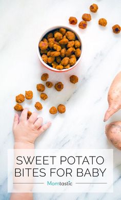 two hands reaching for some sweet potato bites on a marble counter top with the words, sweet potato bites for baby