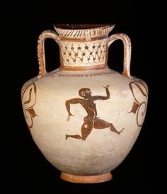 an old vase with a man running on it