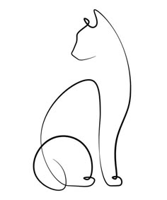 a black and white drawing of a cat sitting on the ground with its tail curled up