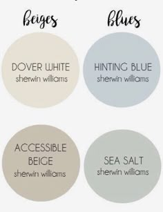 six different shades of white paint with the names of them in black, blue, and grey