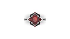 QUEEN OF HEARTS: Darkly romantic, my Queen of Hearts ring is perfect for a Victorian gothic love story. A glittering oval jewel is surrounded by an ornate halo of black diamonds, while two grinning skulls peek out beneath heart shaped gemstone crowns over a milgrain edged black diamond band. NOTES: Set with an oval brilliant AA+/AAA Garnet center stone in your choice of size, with Garnet and Black Diamond accents. MATCHING BANDS: Buy with any of my beautiful rings to make this ring into a weddin Elegant Red Skull Ring For Wedding, Elegant Red Skull Ring For Anniversary, Elegant Sterling Silver Skull Ring For Formal Events, Elegant White Gold Skull Ring, Gothic Oval Wedding Ring, Elegant Red Skull Ring For Gift, Elegant White Gold Skull Ring Gift, Elegant White Gold Skull Ring For Gift, Elegant Skull Ring In White Gold For Gift