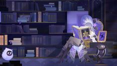 an animated character sitting at a desk in front of a book shelf with books on it