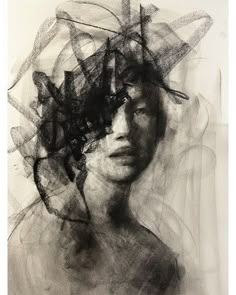 a black and white drawing of a woman's face with abstract shapes on it