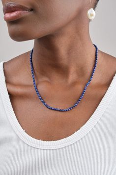 Beatrice Valenzuela Lapis Lazuli Necklace Lapiz Lazuli Necklace, Elegant Blue Gemstone Bead Crystal Necklace, Elegant Blue Crystal Necklaces With Gemstone Beads, Elegant Blue Crystal Necklaces With Round Beads, Elegant Blue Hand-strung Beaded Necklaces, Elegant Blue Crystal Necklace With Round Beads, Beaded Sapphire Necklace In Lapis Lazuli, Sapphire Beaded Lapis Lazuli Necklace, Elegant Blue Necklace With Round Beads