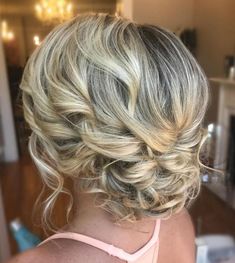 Low Curly Blonde Updo Blonde Updo, Easy Updo Hairstyles, Wedding Updos, Bridesmaids Hair, Curly Updo, Up Dos For Medium Hair, Wedding Hair Ideas, Wedding Hair Styles