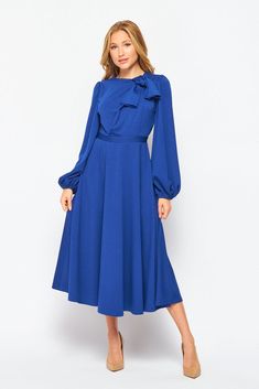 Blue A-line Dress For Fall, Blue Stretch Midi Dress, Chic Blue A-line Dress, Fitted Blue Long Sleeve Dress For Spring, Blue Fitted Asymmetrical Midi Dress, Blue Knee-length Stretch Dress, Blue Stretch Midi Dress Knee-length, Blue Stretch Knee-length Dress, Blue Stretch Knee-length Midi Dress