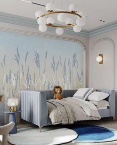 a bedroom with a bed, rugs and a teddy bear