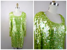 "This is a stunning sequined party dress from Black Tie Oleg Cassini! It's fully embellished with bright lime green pailette sequins and in excellent condition! Bust - 40\" Waist - 32\" Hips - 42\" Length - 36\" Tag Size - 14 (please refer to measurements) This dress comes from a pet-free and smoke-free home. If you would like more info or have any questions, please don't hesitate to ask!" Glamorous Sequin Fabric For Cocktail In Spring, Spring Contrast Sequin Fabric For Cocktail, Fitted Green Sequin Dress For Wedding, Glamorous Green Dresses For Festive Occasions, Spring Festive Sequin Dress, Green Cocktail Sequin Dress With Contrast Sequins, Green Embellished Sequin Dress For Night Out, Green Sequined Holiday Dress, Holiday Green Sequined Dresses