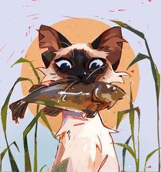 a siamese cat holding a fish in its mouth