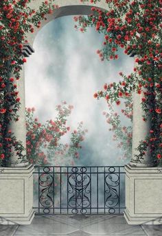 an open gate with red flowers on it