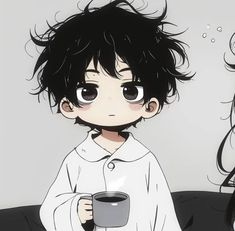 an anime character holding a coffee cup in front of her face and looking at the camera