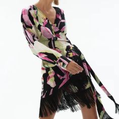 H&M Fringe-Trimmed Satin Wrap Dress Black/ Tropical Flowers Sz S, M, L Nwt H&m Spring Dress For Date Night, H&m Dress For Date Night In Spring, H&m Spring Evening Dresses, H&m Spring Party Dresses, H&m Evening Dresses For Spring, H&m Party Dresses For Spring, H&m Mini Dress For Spring Party, H&m Spring Cocktail Mini Dress, H&m Midi Dress For Evening In Spring